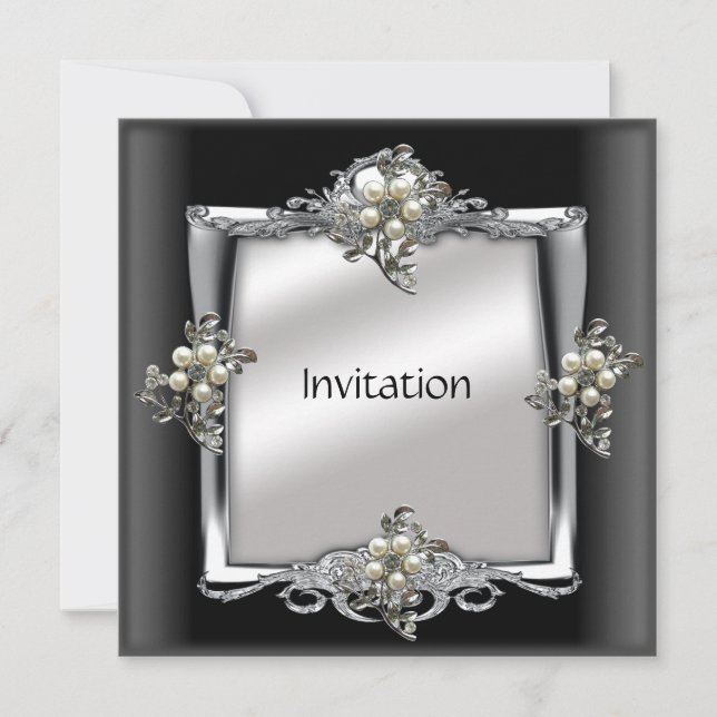 Convite Elegante Jóia Pérola Preta Prata (Frente)