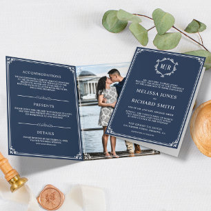 Convite Elegante Monograma de Casamento Azul Marinho e Bra