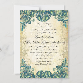 Convite Elegante Paisley Peacock Blue Green e Dourada