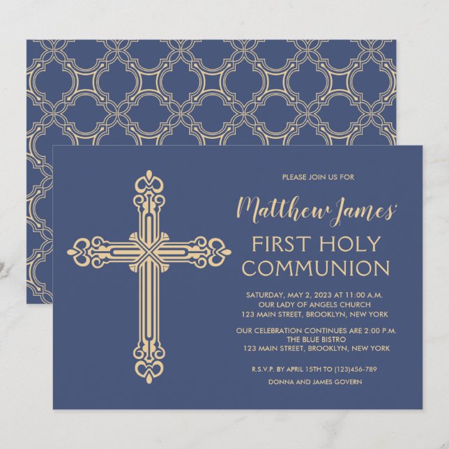 Convite Elegante para a Primeira Comunhão Dourada (Frente/Verso)