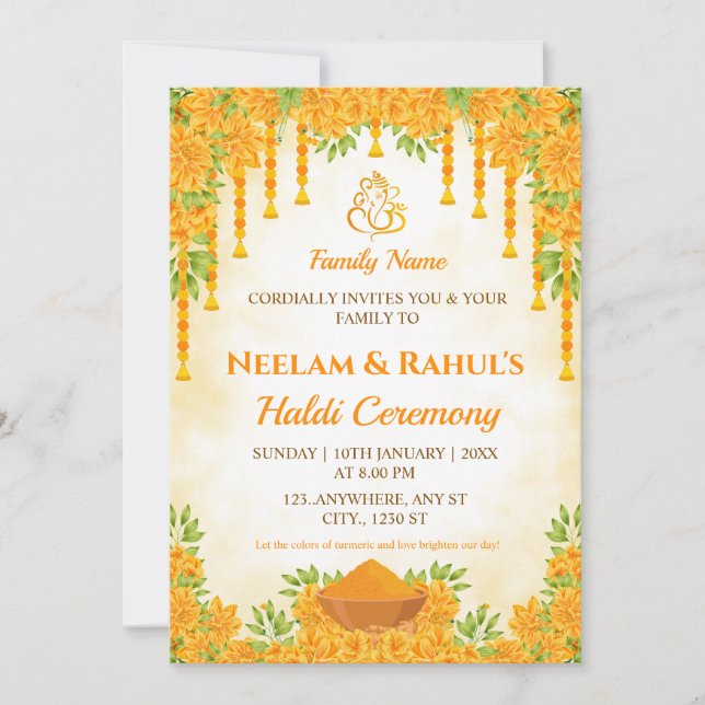 Convite Elegante para Cerimônia de Haldi (Frente)