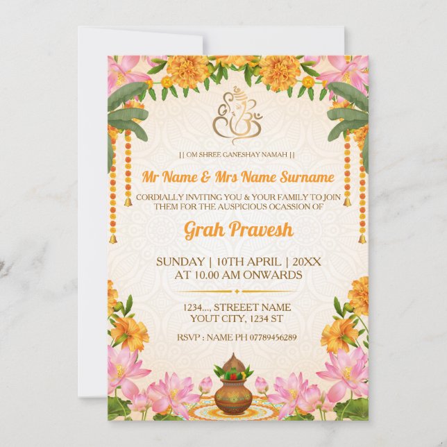 Convite Elegante para Cerimônia Hindu de Griha Pra (Frente)