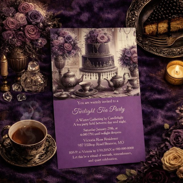 Convite Elegante para Chá da Tarde Temperamental (Elegant Twilight Tea Party Invitation moody velvet, candlelight, and vintage charm for winter tea)