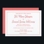 Convite Elegante para Coral e Legenda Branca<br><div class="desc">Um convite de casamento encantador que este design apresenta uma fonte de coral em um fundo branco na frente. O dorso tem cor de coral. Use os modelos para inserir informações. Peça seus convites de casamento hoje!</div>