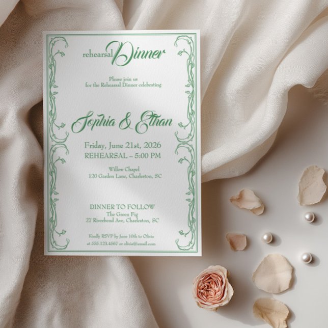 Convite Elegante para Jantar de Ensaios - Rosa Ver (Criador carregado)