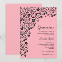 Convite Elegante para Quinceañera Preto e Rosa