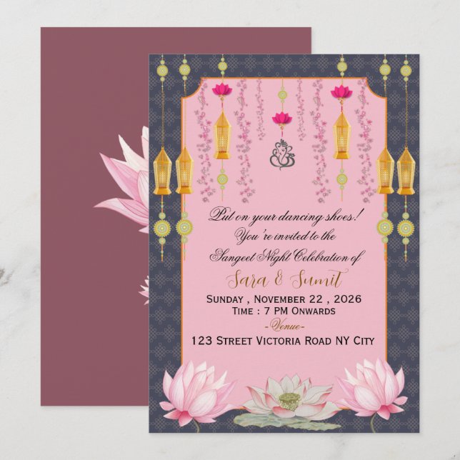 Convite Elegante para Sangeet de Casamento Indiano (Frente/Verso)