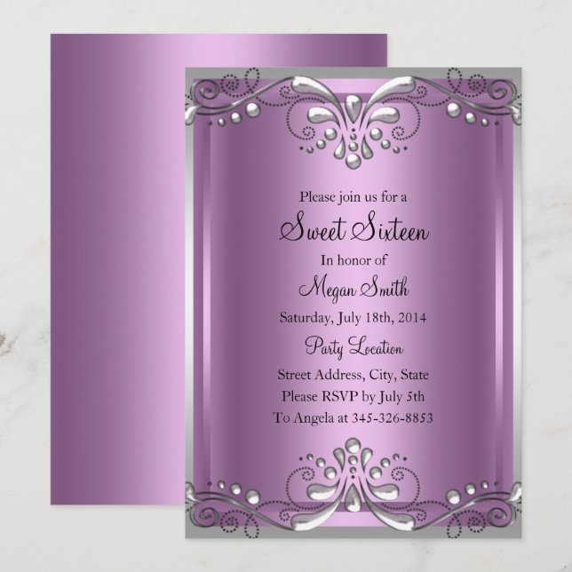 Convite Elegante Pérola Roxa Sweet Sixteen (Frente/Verso)
