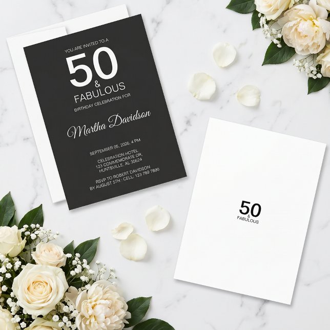 Convite Elegante Preto 50 & Fabuloso (50 & Fabulous Black Elegant Invite)