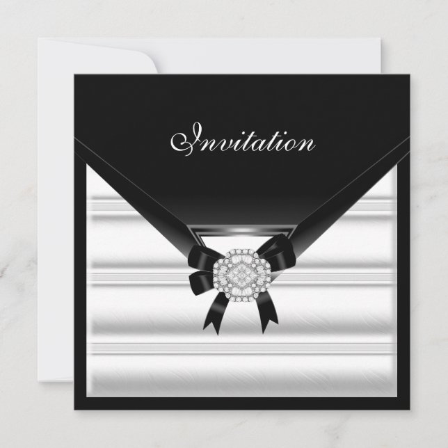 Convite Elegante Preto Branco Joia Diamante (Frente)