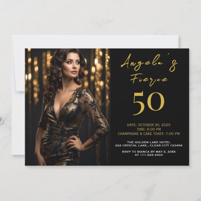 Convite Elegante Preto e Dourado de 50 Anos (Frente)