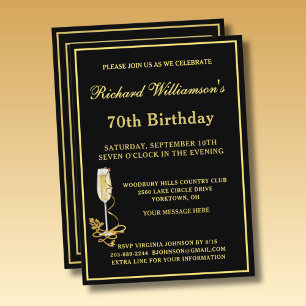 Convite Elegante Preto e Dourado para Festa de 70