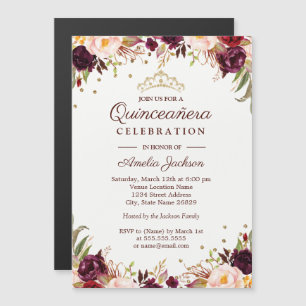 Convite Elegante Quinceanera Floral Dourada Borgonha