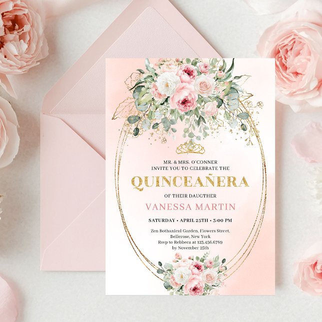 Convite Elegante Rosa Bege Dourado Quinceañera (Elegant Blush Pink Rose Gold Quinceañera Invitation

)