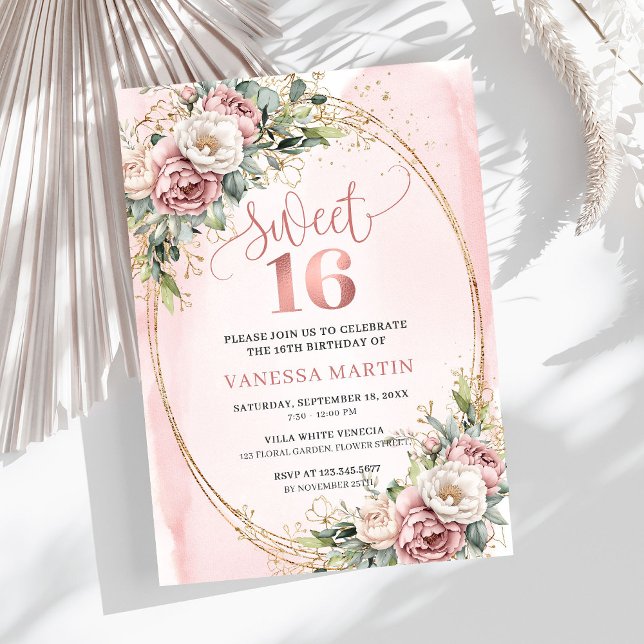 Convite Elegante Rosa Dourado Floral Eucalipto Swe (Elegant Rose Gold Floral Eucalyptus Sweet 16 Invite)