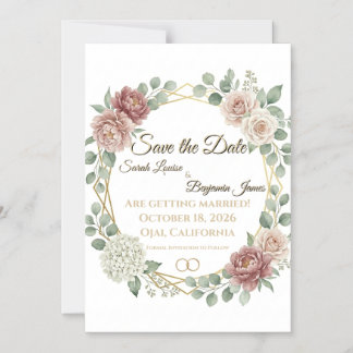 Convite Elegante Rosa Empoeirado Floral Geométrico Aquarel