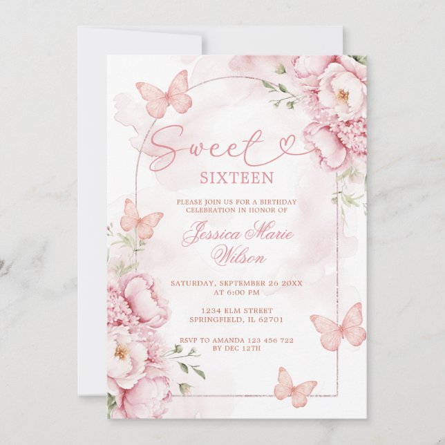 Convite Elegante Rosa para Sweet 16 com Borboletas (Frente)