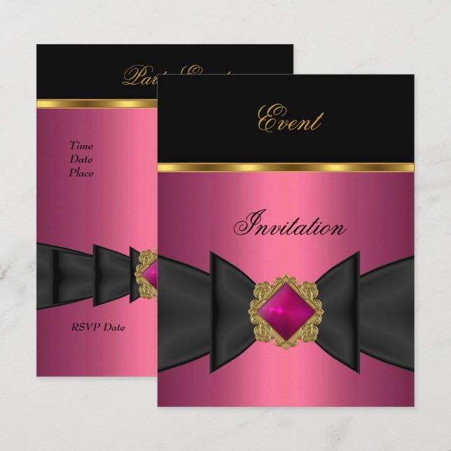 Convite Elegante Rosa Preto Dourado Jóia Laço (Frente/Verso)