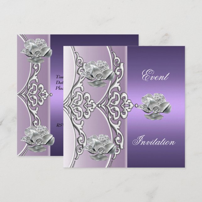 Convite Elegante Roxo Malva Prata Floral (Frente/Verso)