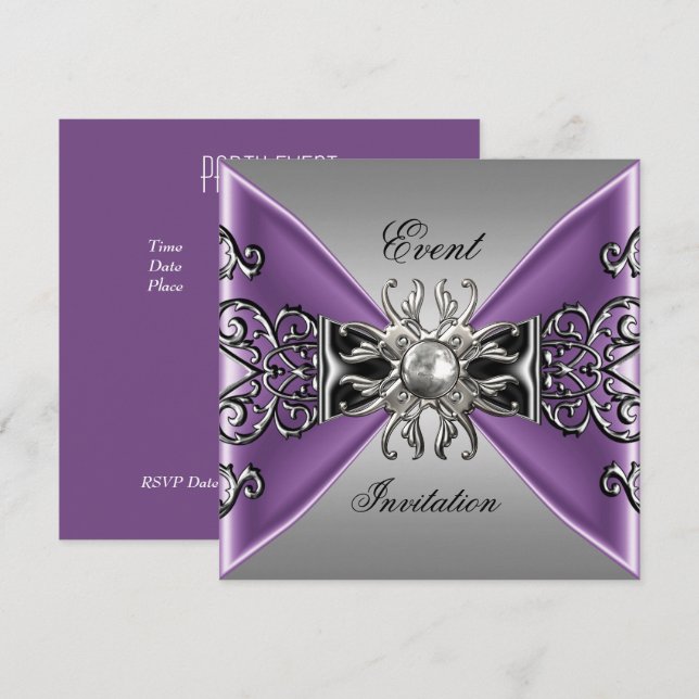 Convite Elegante Roxo Mauve Jóia Prata Preto (Frente/Verso)