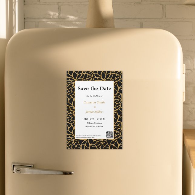Convite Elegante Salve A Data Contorno Da Folha Preta E Do (Elegant Save The Date Black & Gold Foliage Outline Magnetic Invitation)