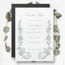 Elegante Save the Date de Rosas Barrocas em Sage