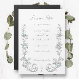Convite Elegante Save the Date de Rosas Barrocas em Sage