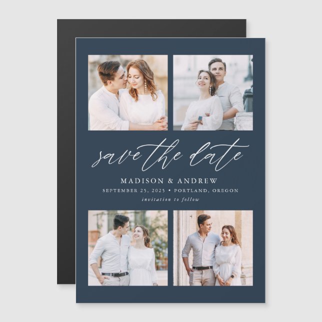 Convite Elegante Script Naval 4 Colagem de Fotos Save The  (Frente/Verso)