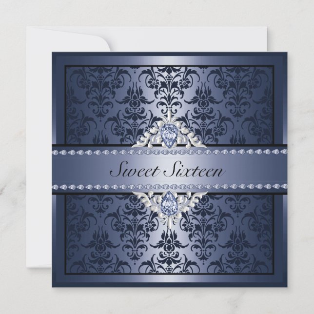 Convite Elegante Sweet16 Preto & Azul Damask (Frente)