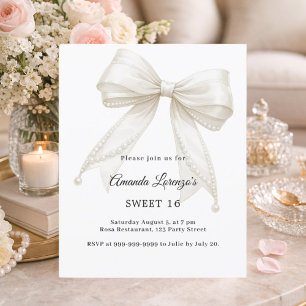 Convite elegante Sweet 16 com laço marfim e pérola