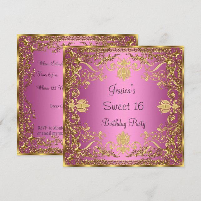 Convite Elegante Sweet 16 rosa Dourado (Frente/Verso)