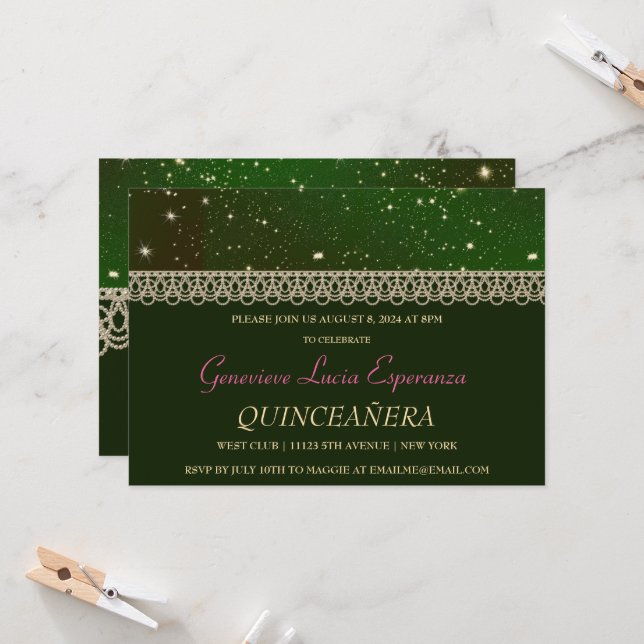 Convite Elegante Verde e Dourada Quinceañera (Frente/Verso In Situ)