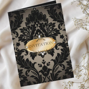 Convite Elegante vintage dourado preto formal damasco Casa