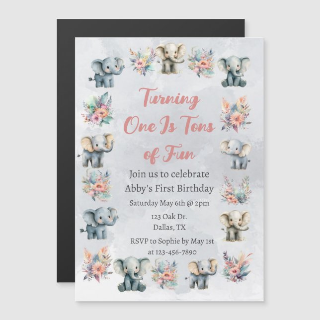 Convite Elephants & Boho Jungle Flowers no Aniversário da  (Frente/Verso)