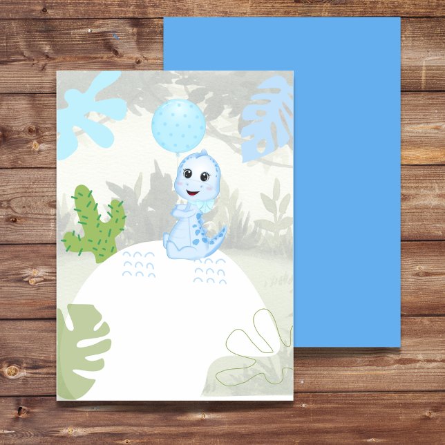 Convite em Branco DIY Dinossauro Azul Fofo Balão (Criador carregado)