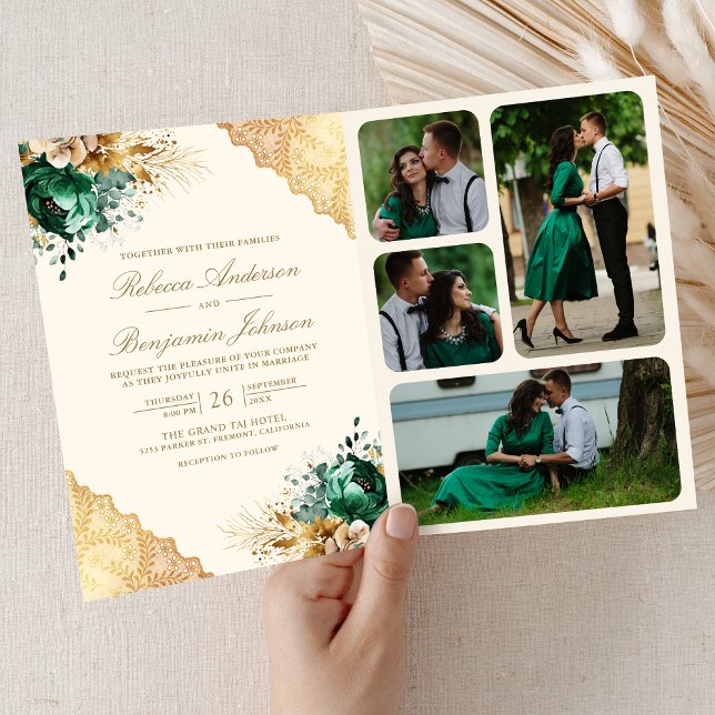 Convite Emerald Floral Gold Lace QR code Cream Wedding (Criador carregado)