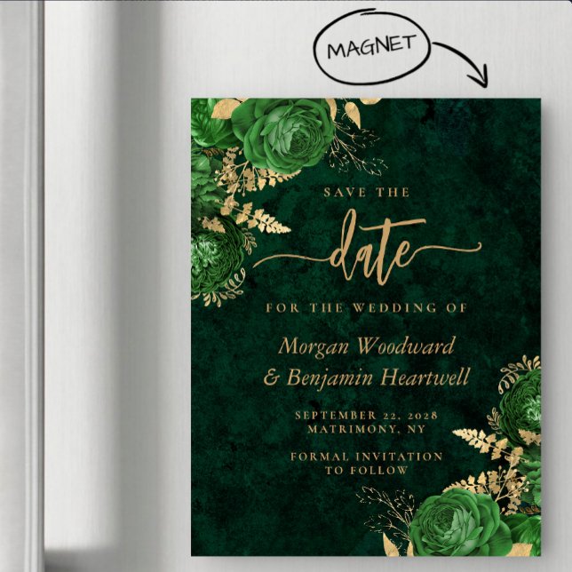 Convite Emerald Green Gold Floral Wedding Save the Date (Criador carregado)
