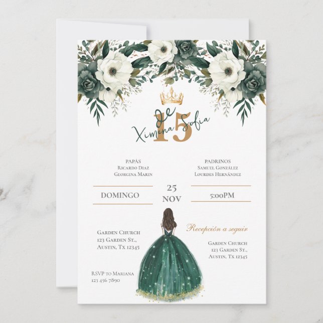 Convite Emerald Green Quinceanera (Frente)