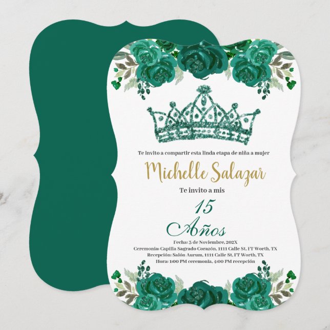 Convite Emerald Green Quinceanera (Frente/Verso)