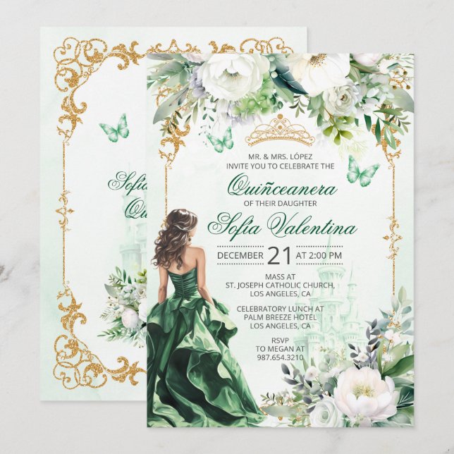 Convite Emerald Green Quinceañera (Frente/Verso)