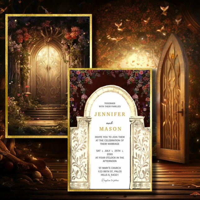 Convite Encantado para Casamento de Portas do Jard (Enchanted Garden Gate Wedding Invitation #zazzlemade #dreamyinvitation#zazzlefinds #vintagefairytale)