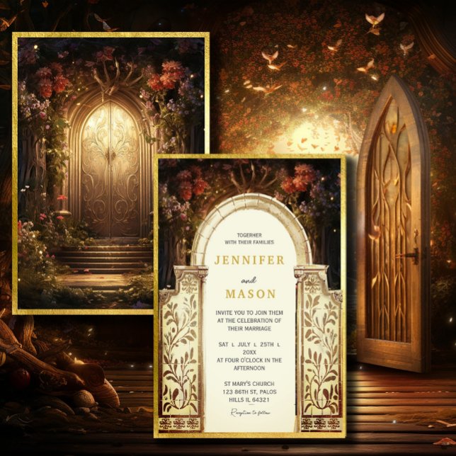 Convite Encantado para Casamento de Portas do Jard (Enchanted Garden Gate Wedding Invitation #zazzlemade #dreamyinvitation#zazzlefinds #vintagefairytale)