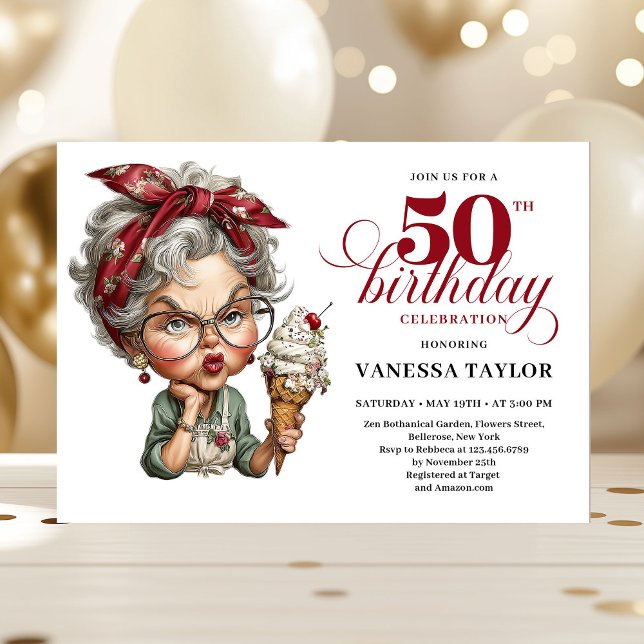 Convite engraçado de aniversário de cinquenta anos (Quirky fifty celebration invite funny birthday lady)