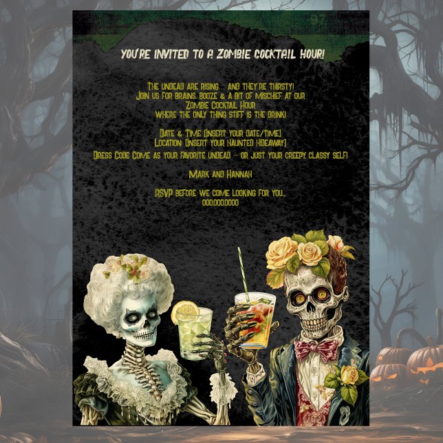 Convite engraçado de festa de Halloween com tema d (Halloween Cocktail Party with Zombie theme. Frightfully fun and funny. Party on!)