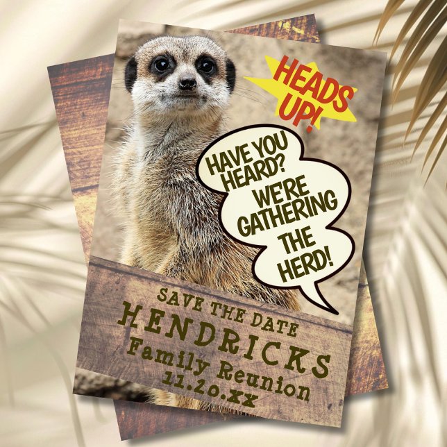 Convite engraçado de reunião de família com tema d (Funny meerkat themed family reunion invitation template)