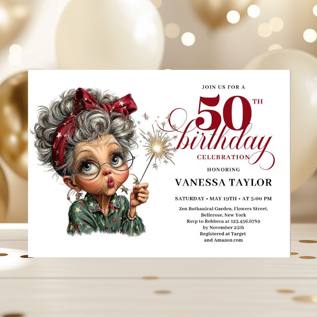 Convite engraçado e extravagante para festa de 50  (Sparkling 50th party funny woman quirky invite)