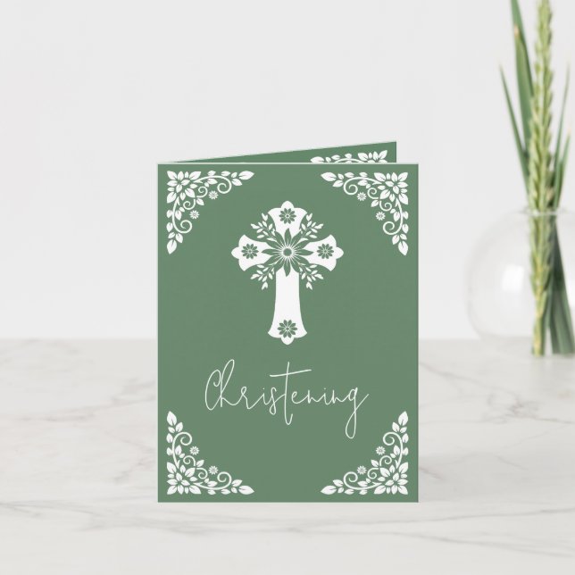 Convite (escrever) Floral Cross Baptism Fern Green (Frente)