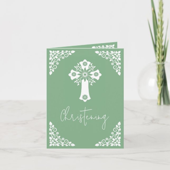 Convite (escrever) Floral Cross Baptism Sage Green (Frente)