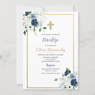 Convite espanhol de Bautizo de flor azul e branca