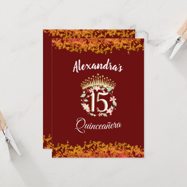 Convite Espanhol para Quinceañera, Luxury Burgundy (Frente/Verso In Situ)
